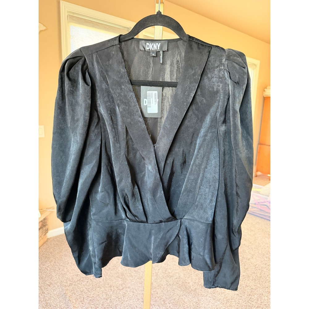 DKNY Womens Black V Neck Long Sleeve Peplum Blouse Top Size XS